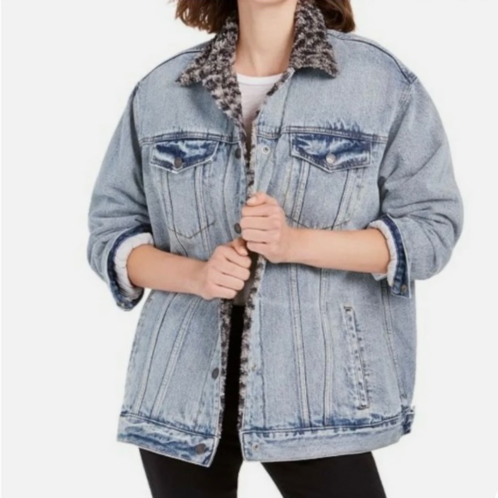 Free People We the free leopard print Sherpa lined oversized denim jacket - XS